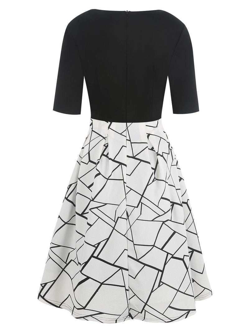 oxiuly Women's Vintage Dresses Patchwork Pockets Puffy Swing Casual Party Dress OX165 (BK-White Stripe, l) - Image 5